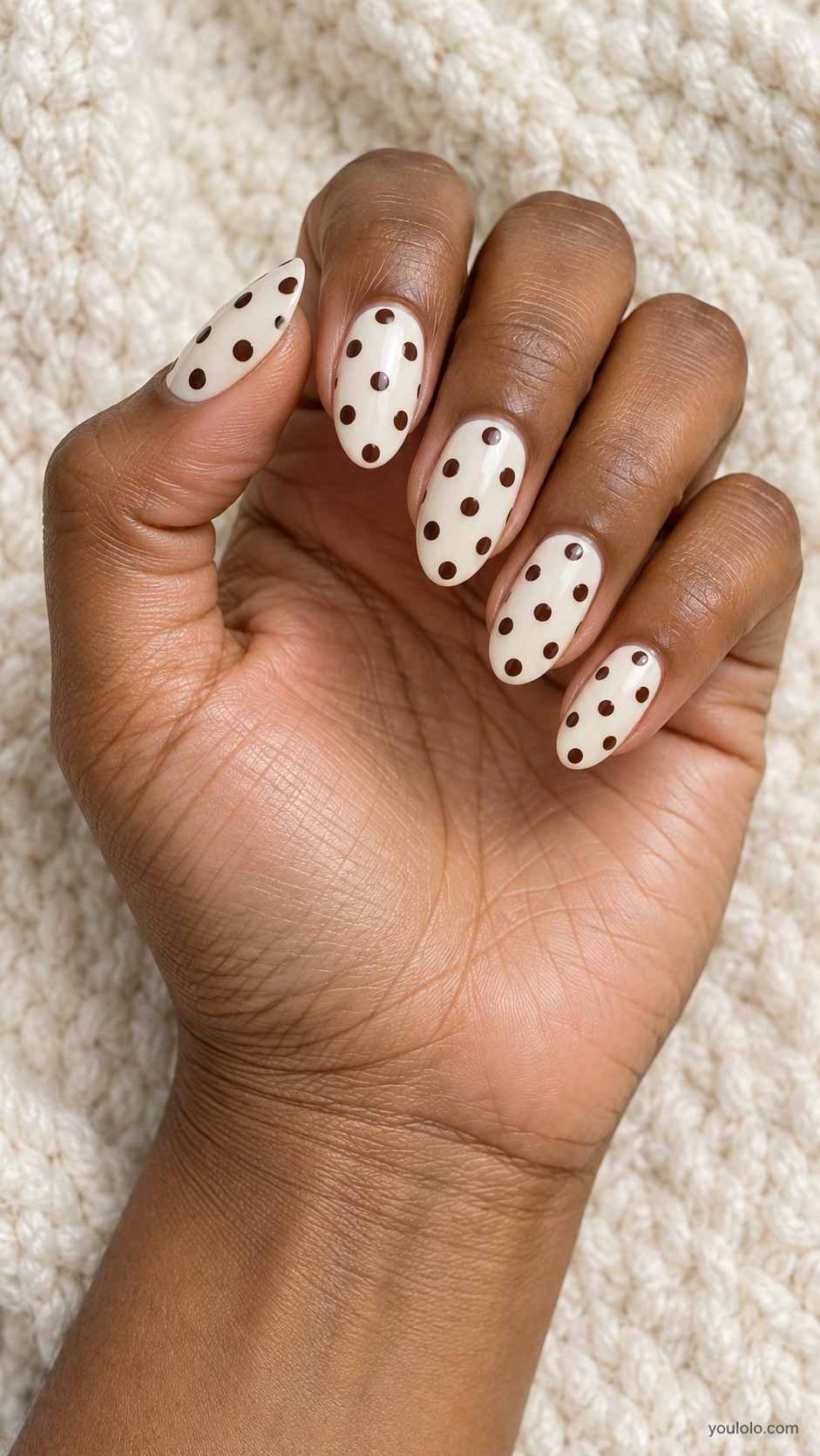 Chocolate Dots on Ivory — medium almond ivory cream nails evenly spaced medium chocolate polka dots
