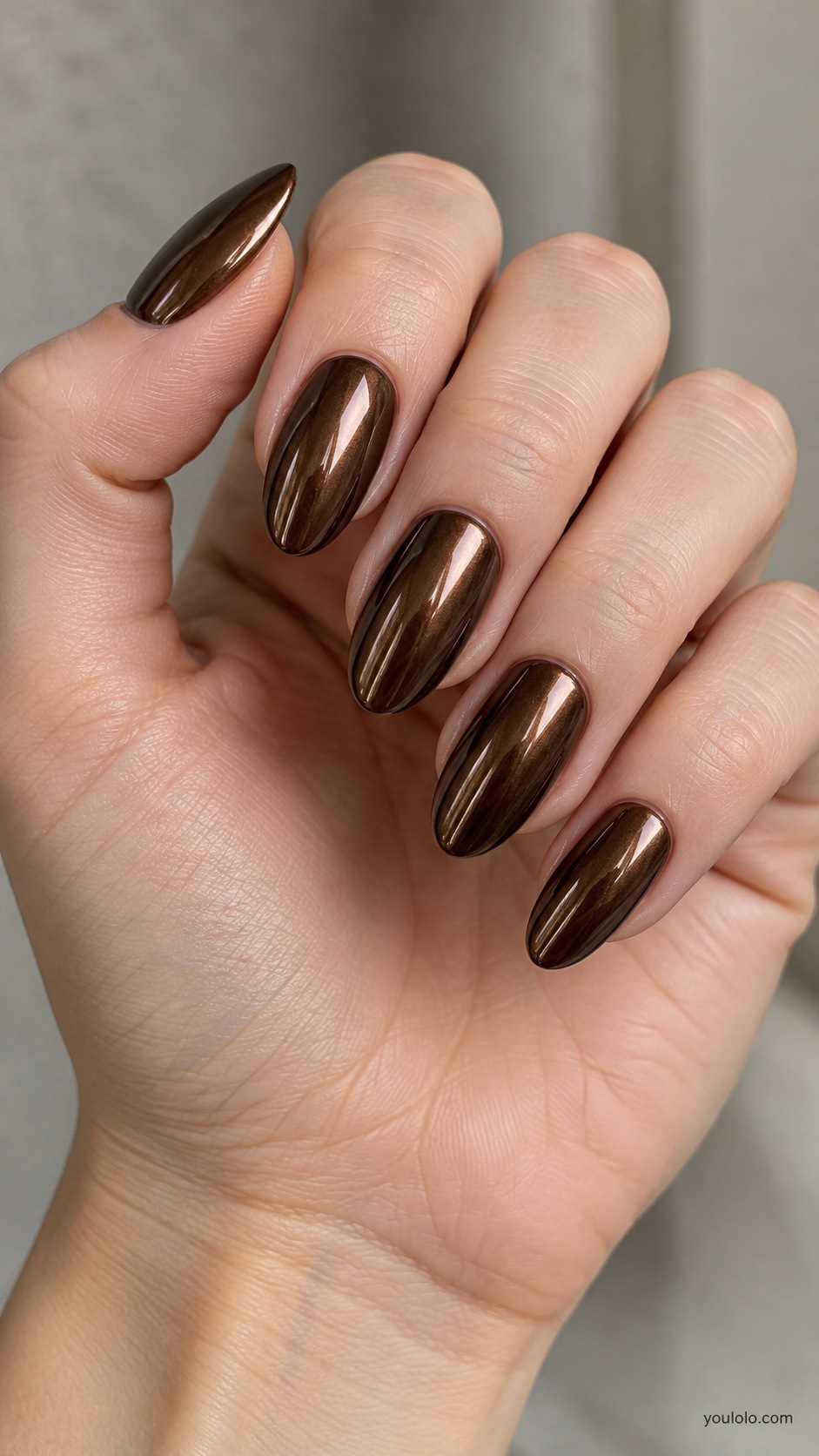 Espresso Mirror fall chrome nails — very deep espresso brown polished metallic mirror chrome, brown highlights not black; medium almond nails