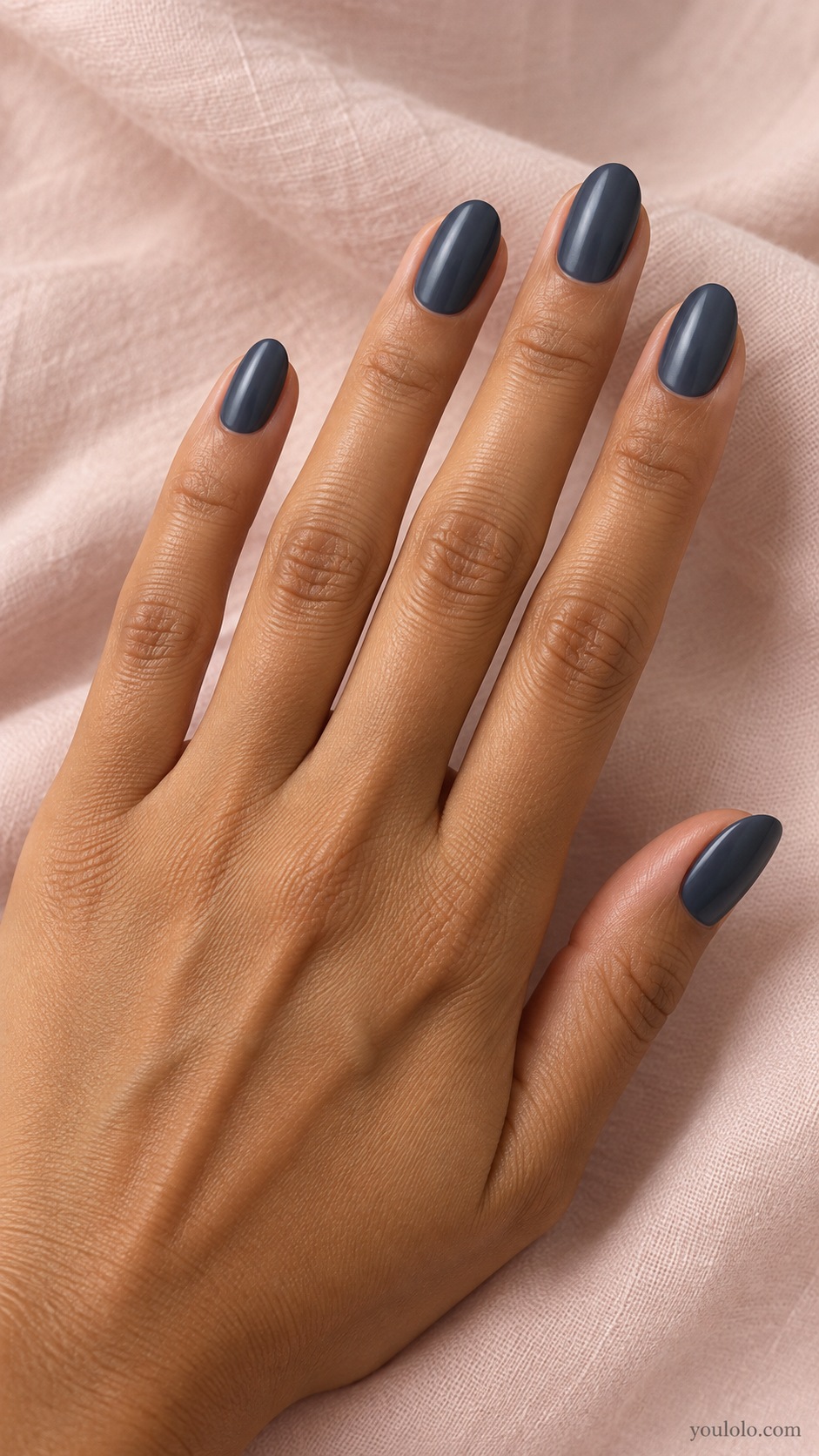 Medium oval nails medium dark storm blue gray satin finish