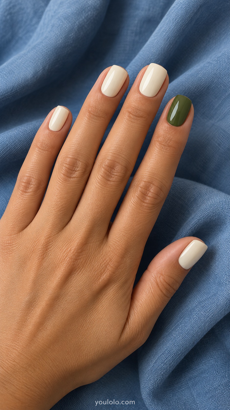 Short squoval nails warm ivory four nails ring solid olive green gloss