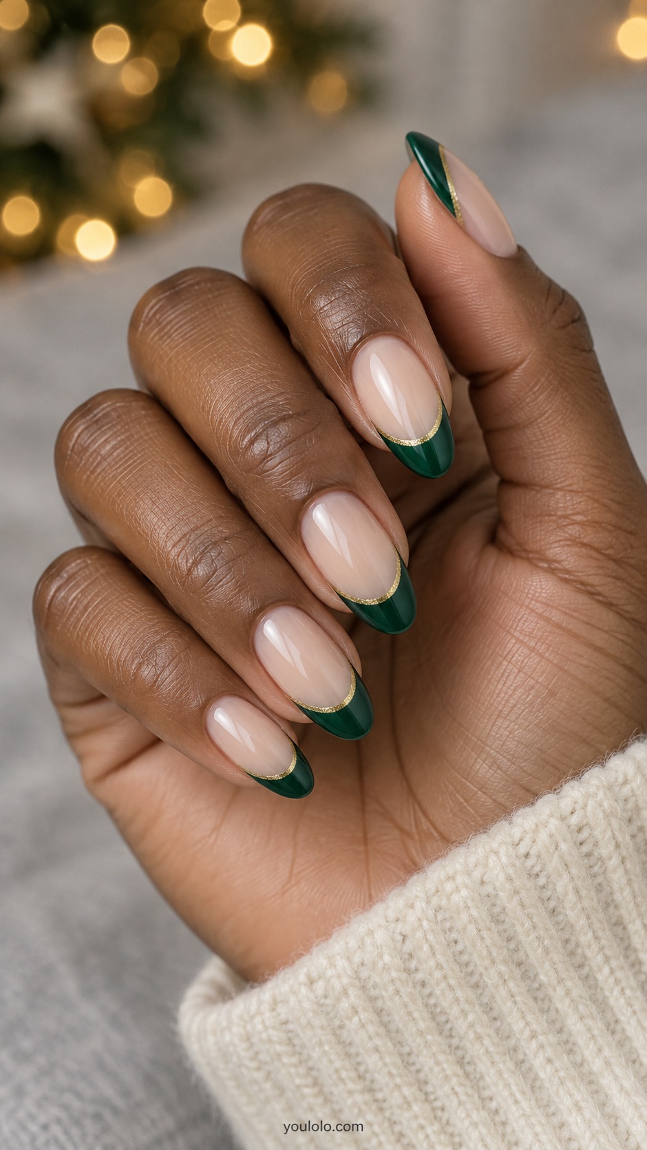 Medium almond sheer beige nails emerald french tips with thin gold inner smile