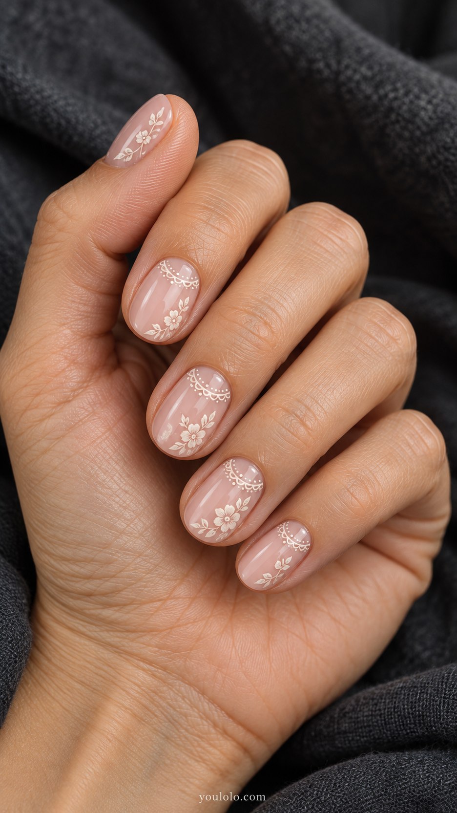 Ivory Bridal Lace: short oval milky pink nails, delicate ivory scalloped lace half-moons and floral accents