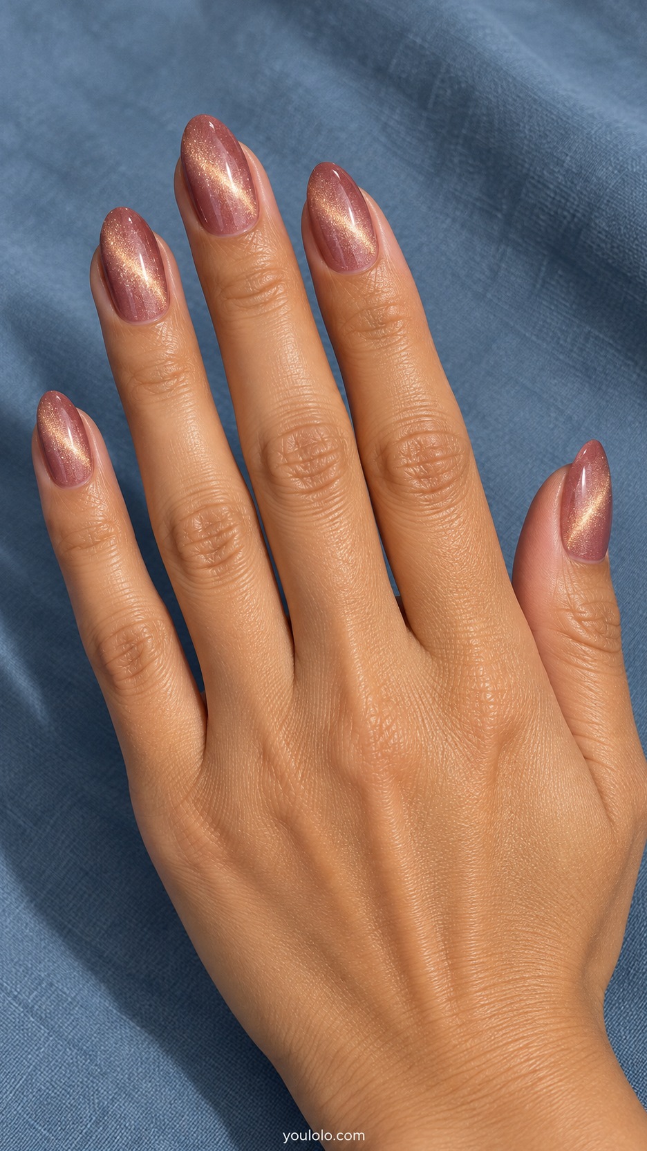 Pink Cat Eye Nails: medium almond nails dusty rose magnetic base with warm champagne diagonal light band