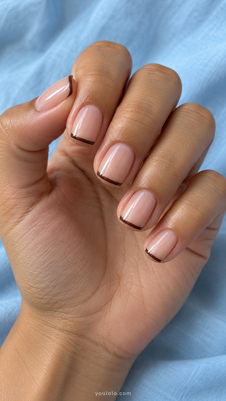 Short Square Nail Designs: Espresso Micro French manicure on a naturally posed hand