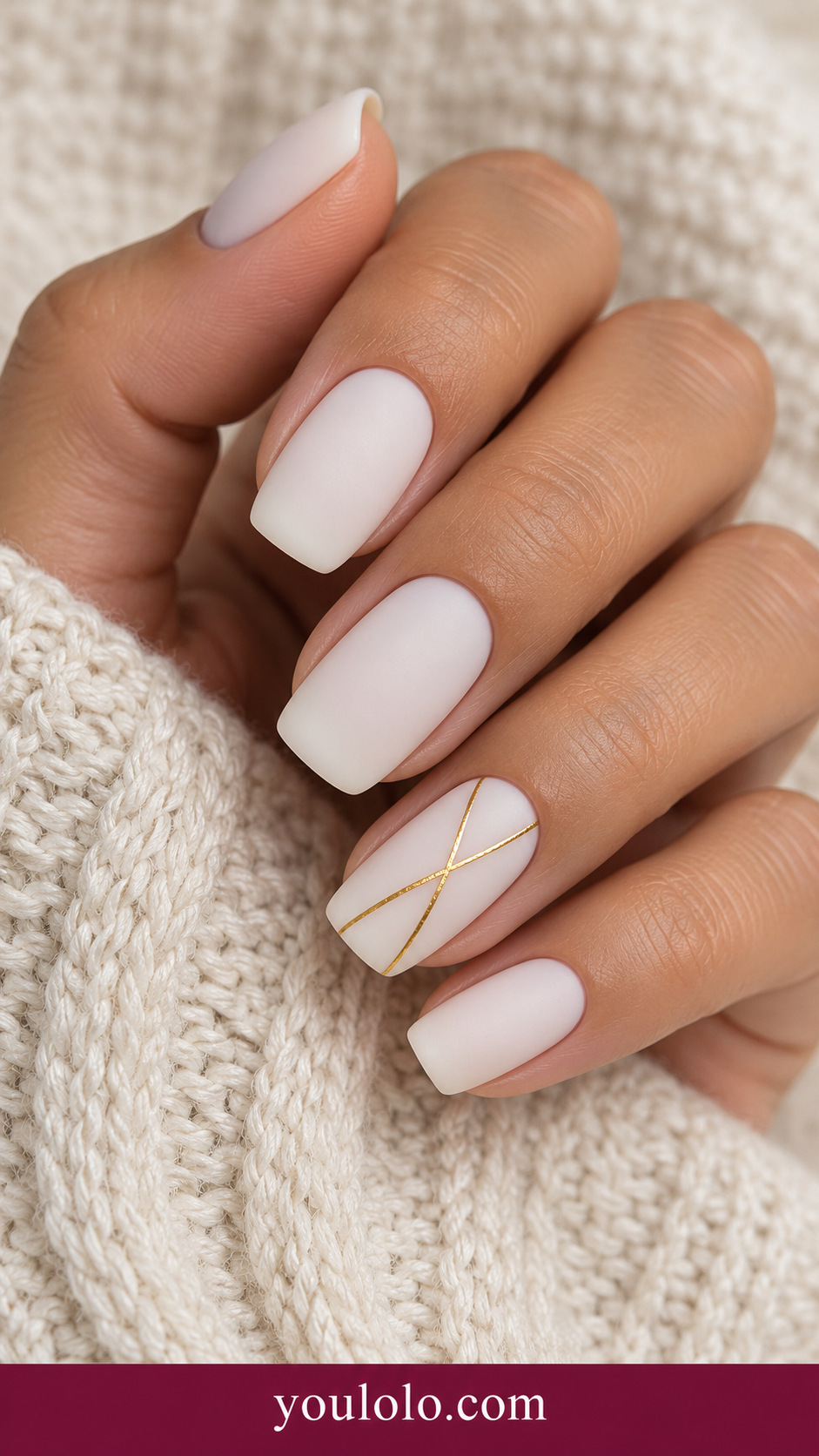 medium soft square milky white nails one accent fine gold crossing thread lines, all flat on a naturally relaxed adult hand