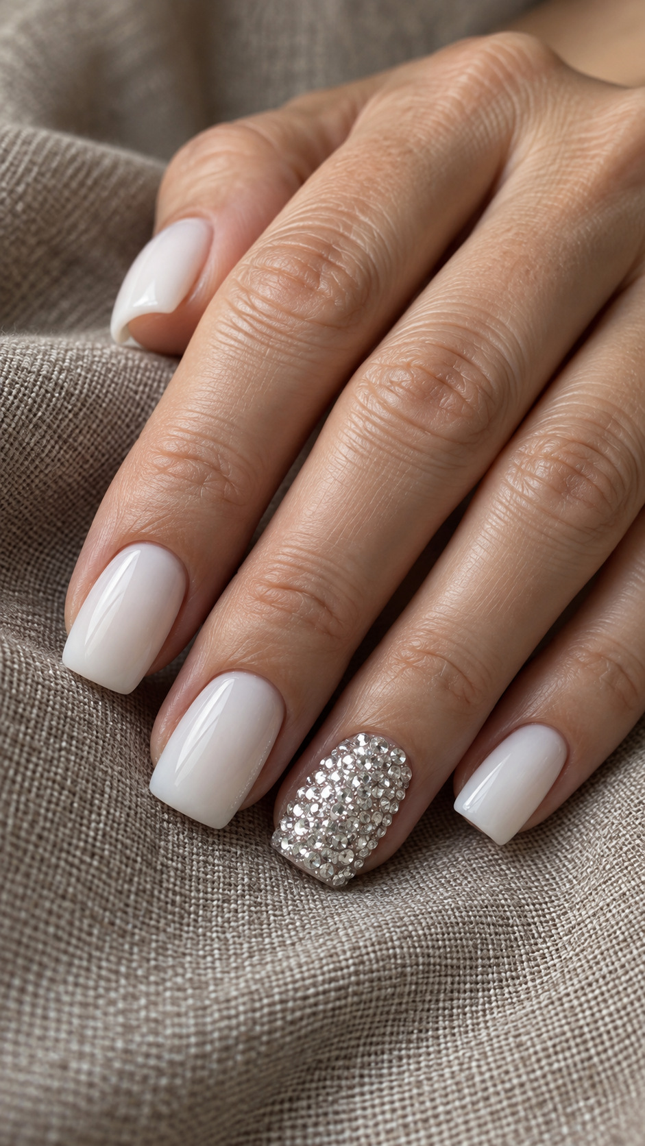 Milky White with a Full Crystal Accent: Square milky white nails with one ring nail covered in clear rhinestones on a naturally posed adult hand