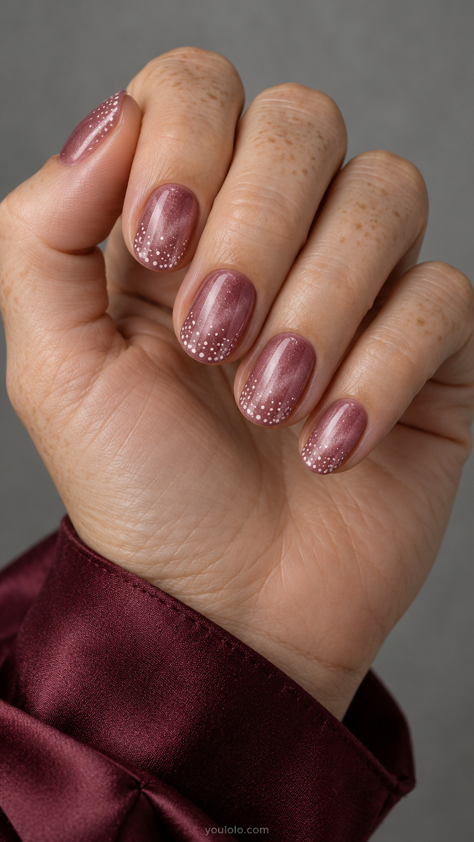 Blush With a Tiny Dot Gradient manicure on short oval nails.