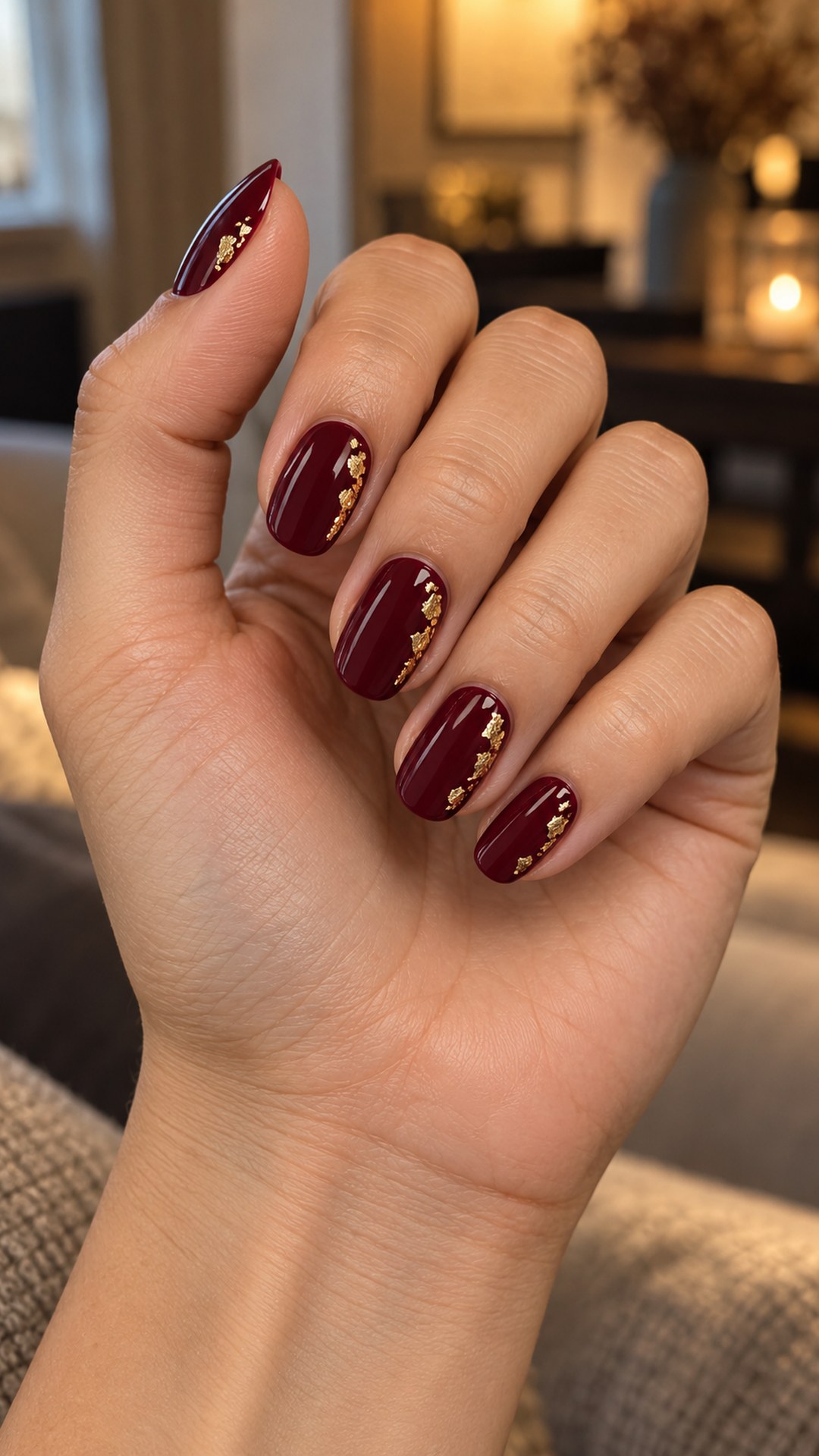 red and gold nails — Burgundy with Sparse Gold Foil