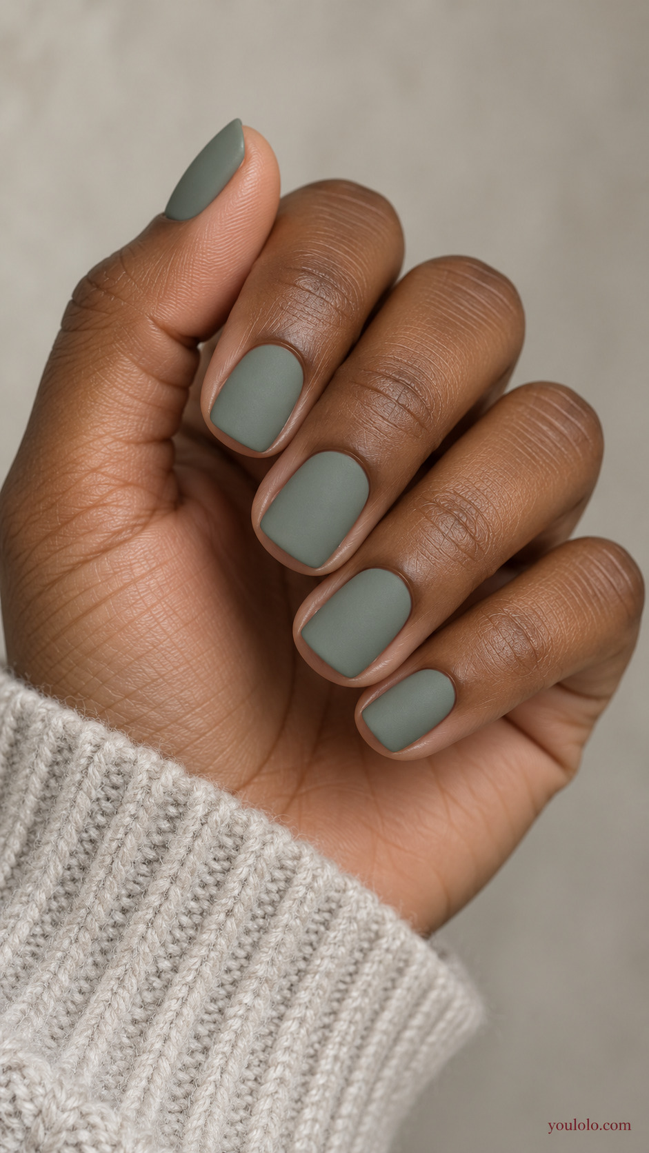 Dusty Eucalyptus Soft Squares on a softly gathered feminine hand with a matte green manicure