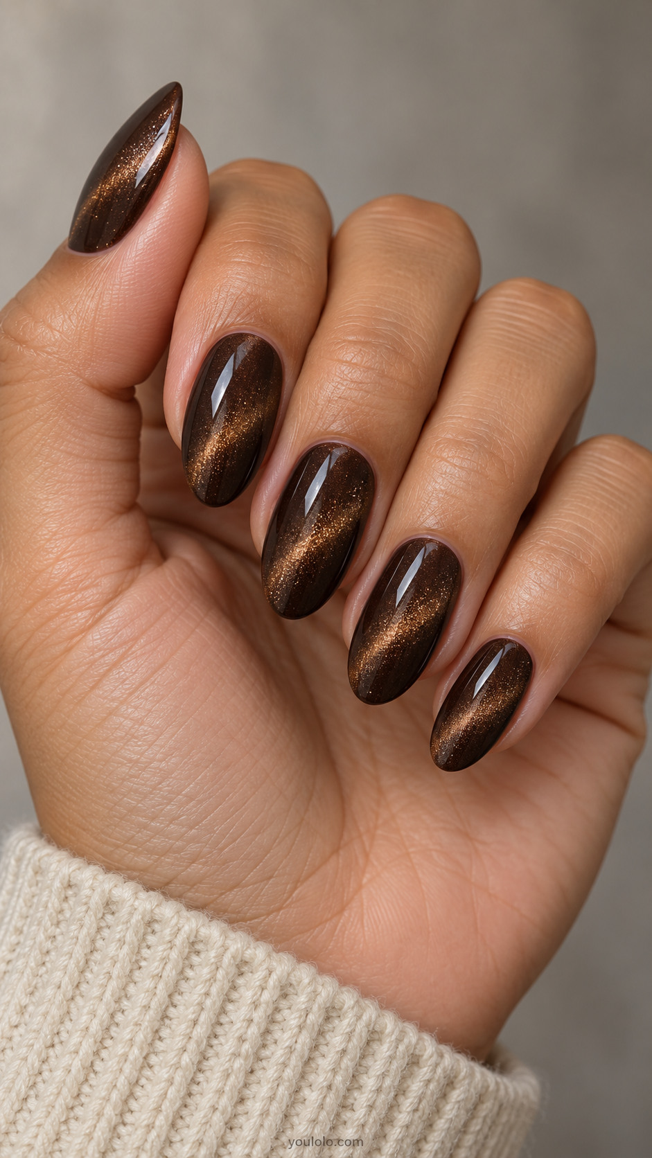 Medium almond nails: deep espresso brown magnetic polish with one soft-edged diagonal bronze shimmer band on each nail, no art.