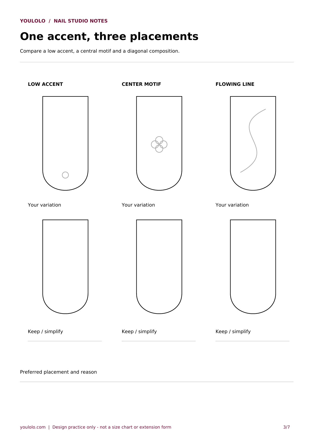 Printable long square nail template: one accent, three placements with blank outlines and planning fields