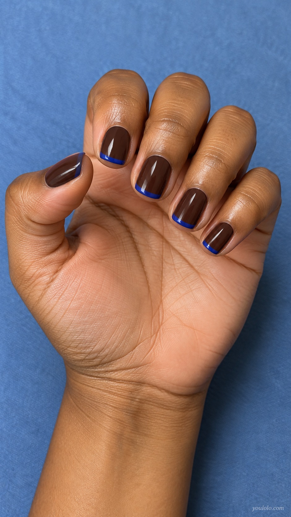 Chocolate Base Blue Edge — short squoval chocolate brown cream nails thin cobalt blue French edges