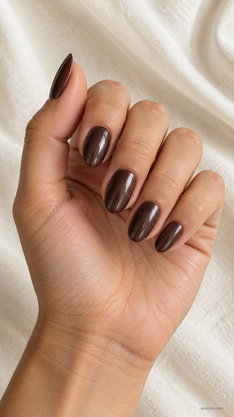 Espresso Silver Glaze — medium oval dark espresso brown with cool subtle silver chrome glaze brown still visible