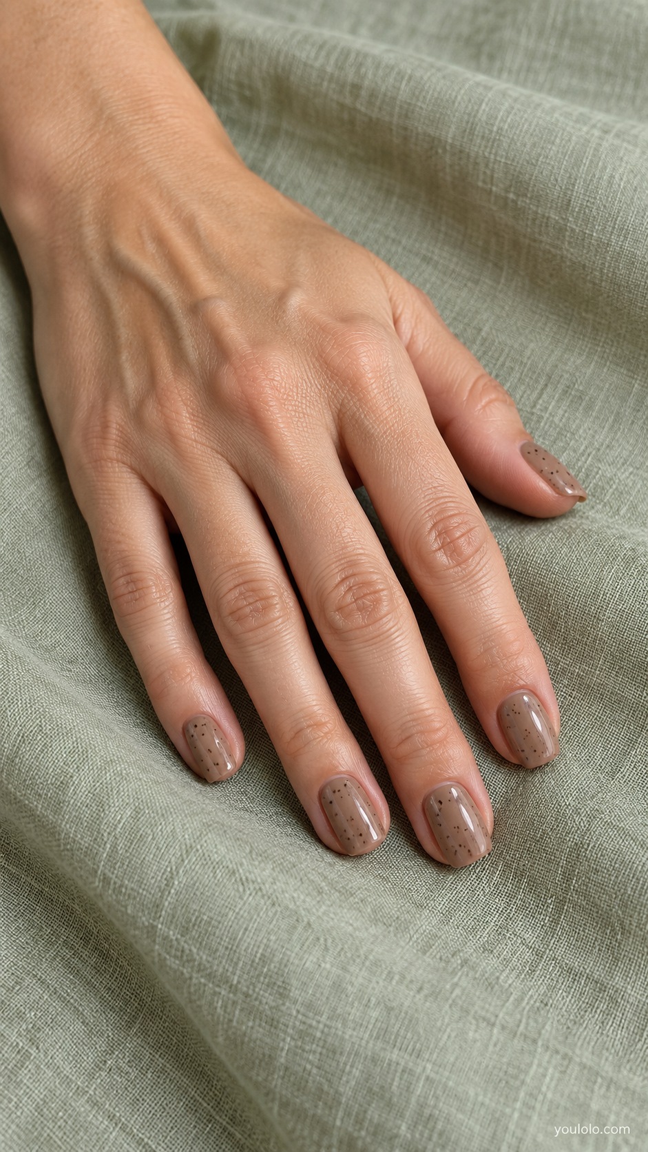 Latte Micro Dots — short squoval latte brown nails very small sparse dark coffee dots