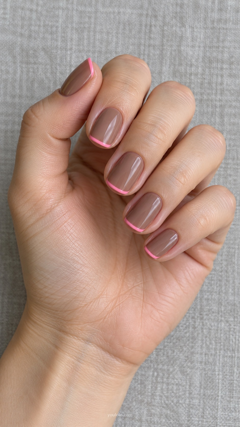 Mocha Base Pink Edge — short squoval mocha nails thin bright rose pink French edge