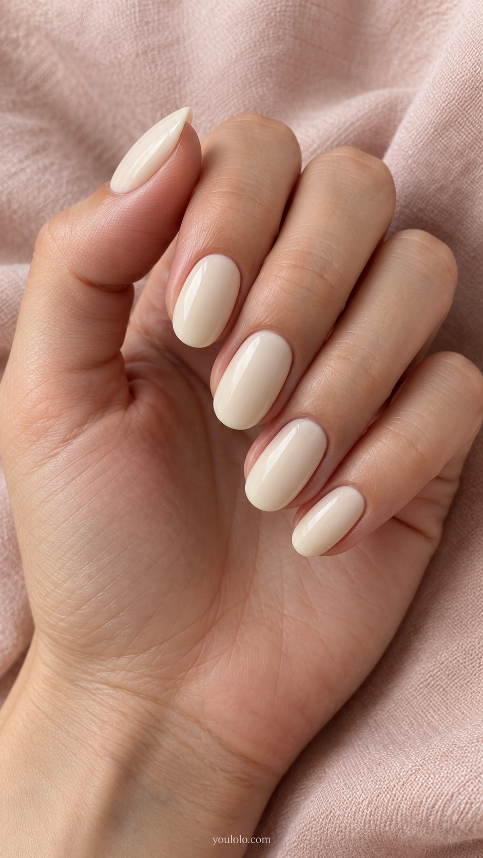Medium oval nails warm ecru off white satin cream