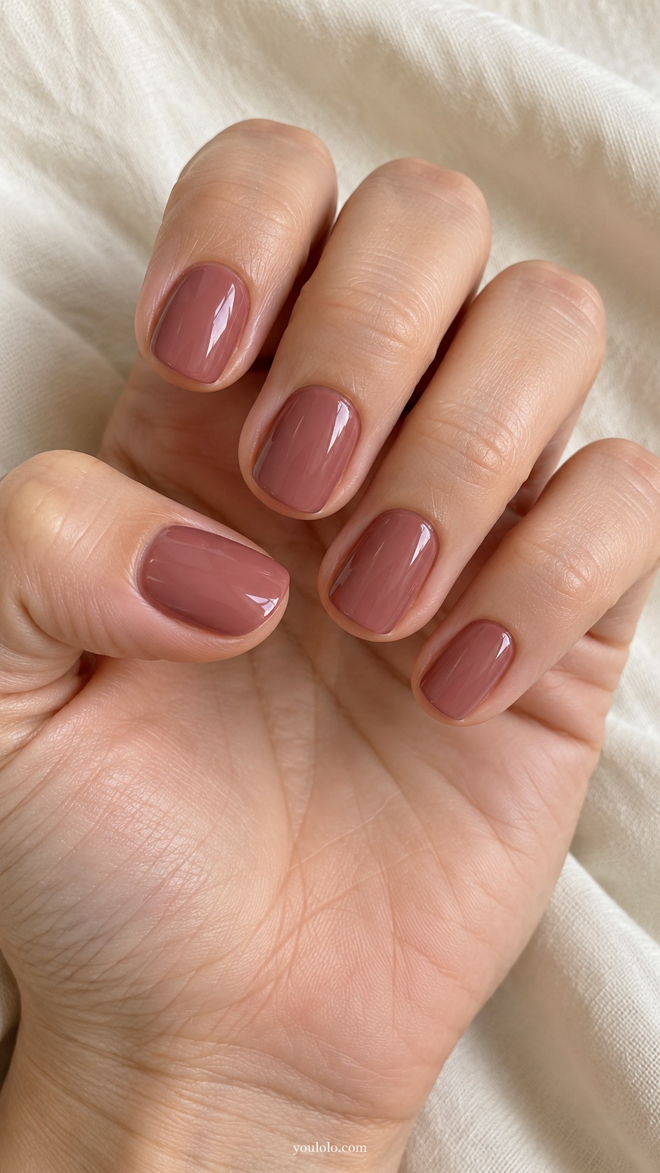 Short squoval nails muted warm clay rose opaque cream glossy