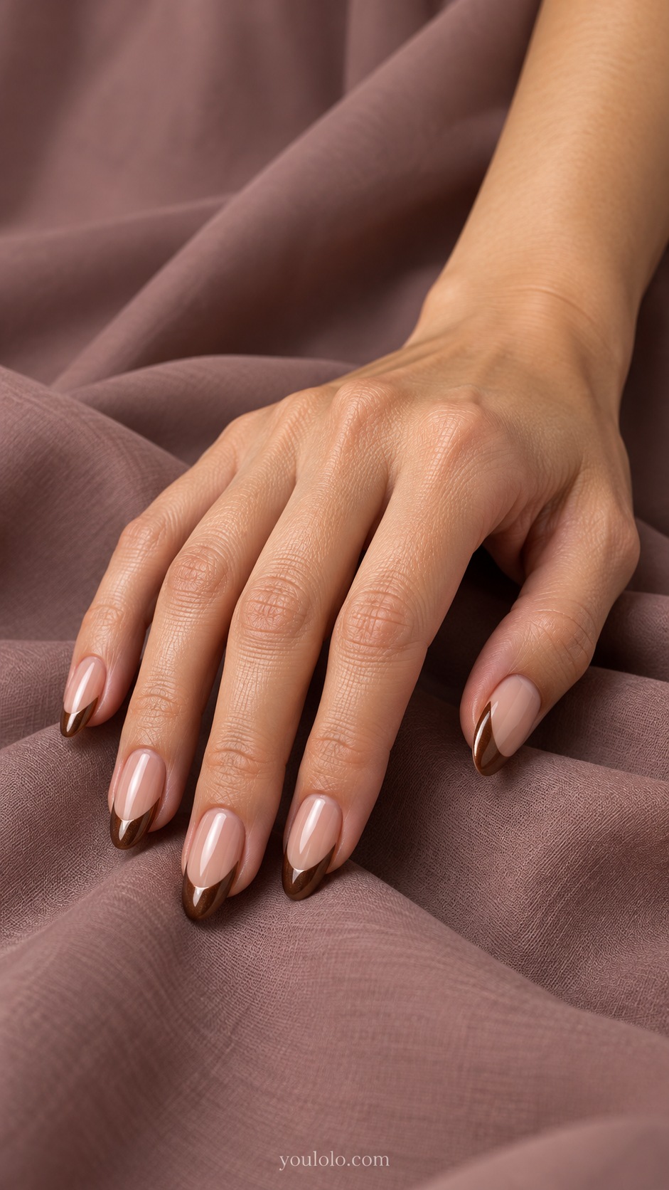Medium almond sheer beige glazed base rich chocolate pearl french tips