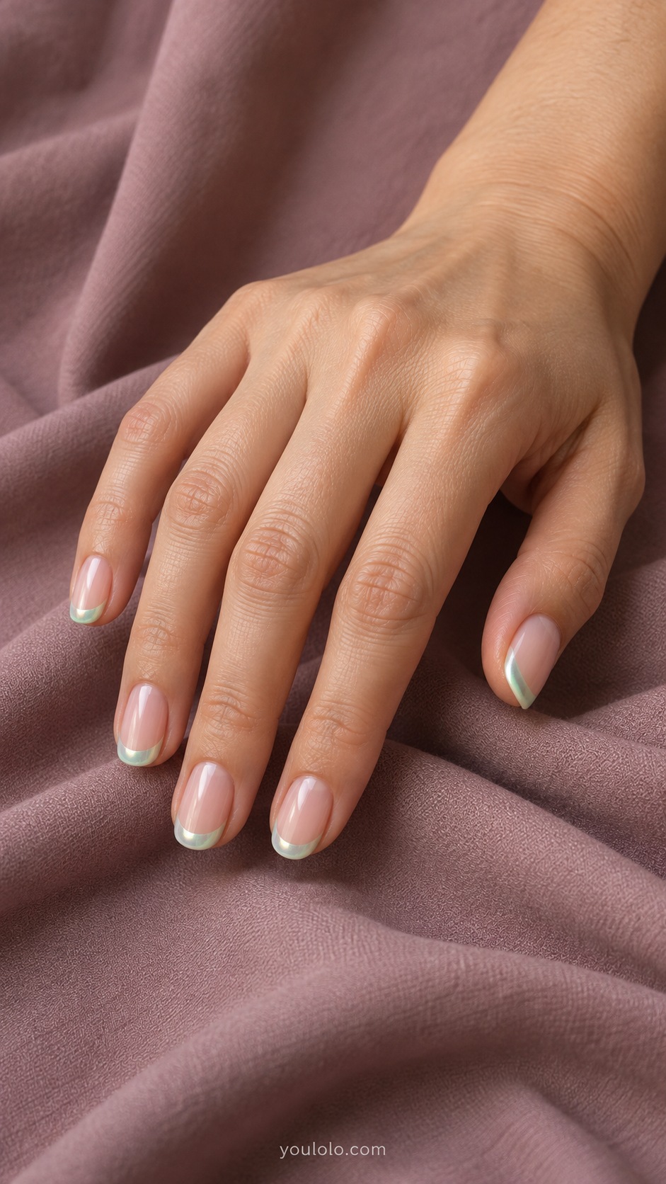 Short oval sheer nude pink nails pale mint pearlescent french tips