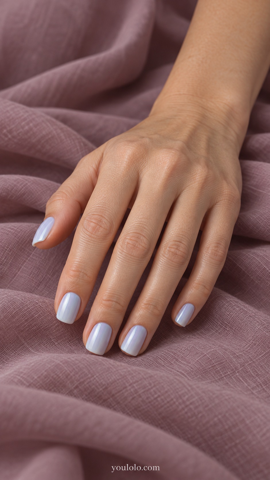 Short square translucent pale icy blue with subtle white pearl sheen