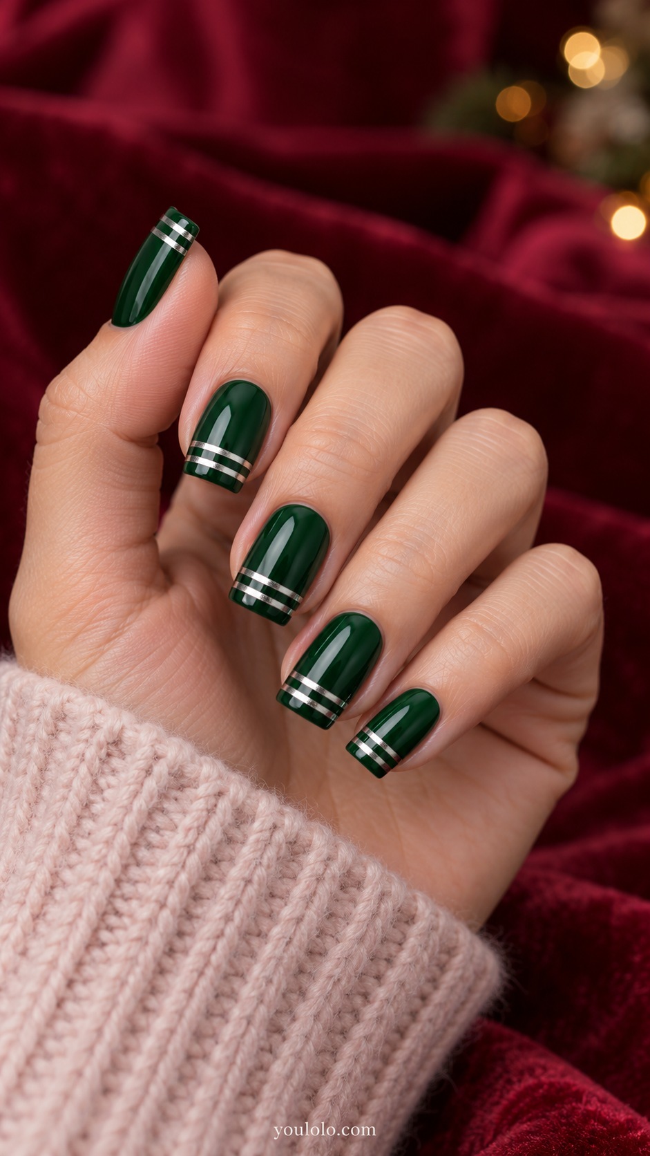 Medium square emerald nails two narrow silver chrome transverse bands near tips