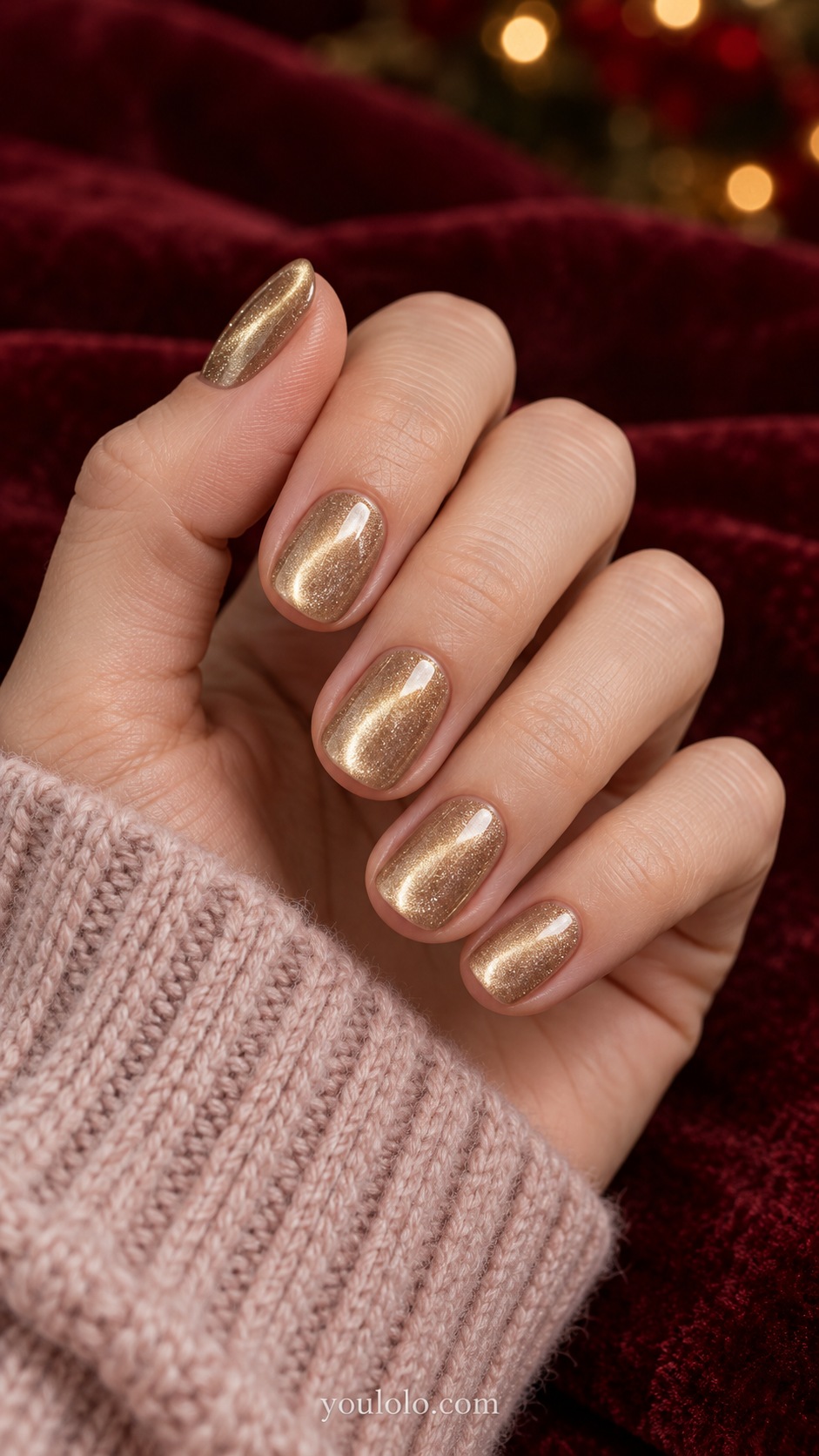 Short squoval champagne gold magnetic nails luminous oval halo inside edge