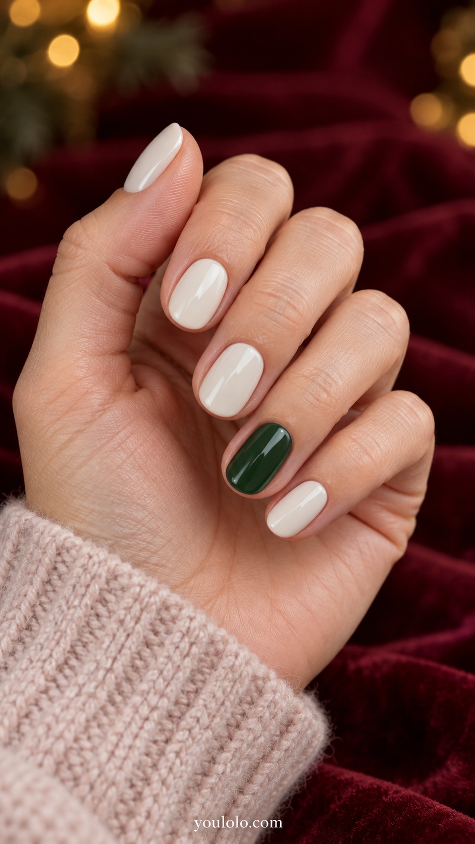 Short oval nails four creamy ivory and one solid forest green ring fingernail
