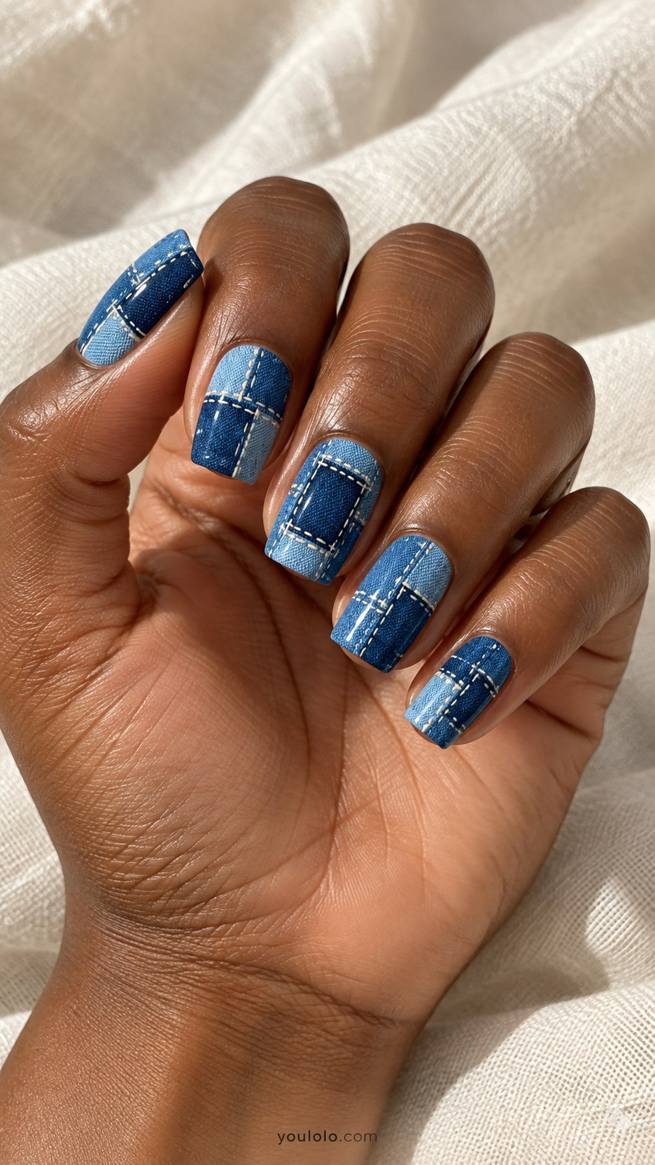 Patchwork Denim Squares: medium square nails, flat painted light medium dark denim blue rectangular patches with fine cream stitch lines