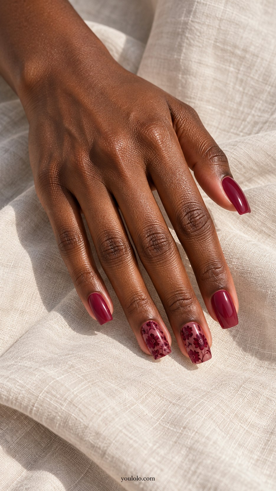Burgundy Lace Veil: medium square translucent berry nails, darker burgundy delicate floral lace across two nails
