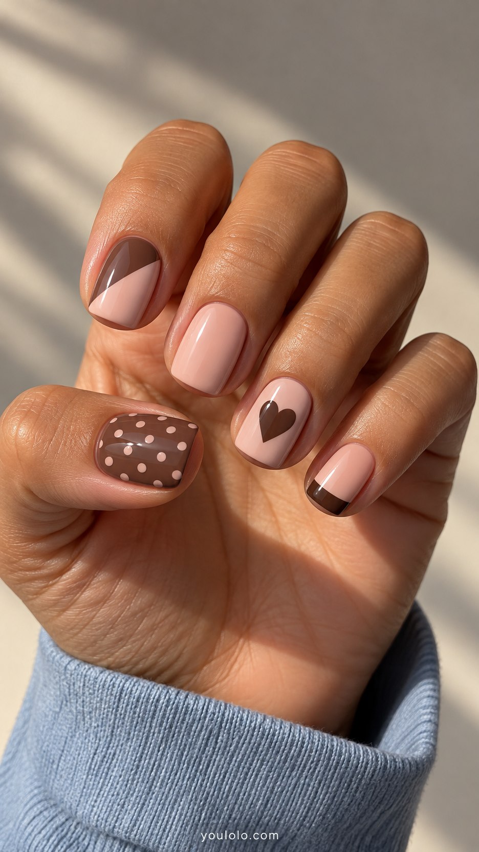 Chocolate-and-Blush Edit: short square nails, cocoa and blush: polka dots, diagonal block, plain pink, brown heart, cocoa French