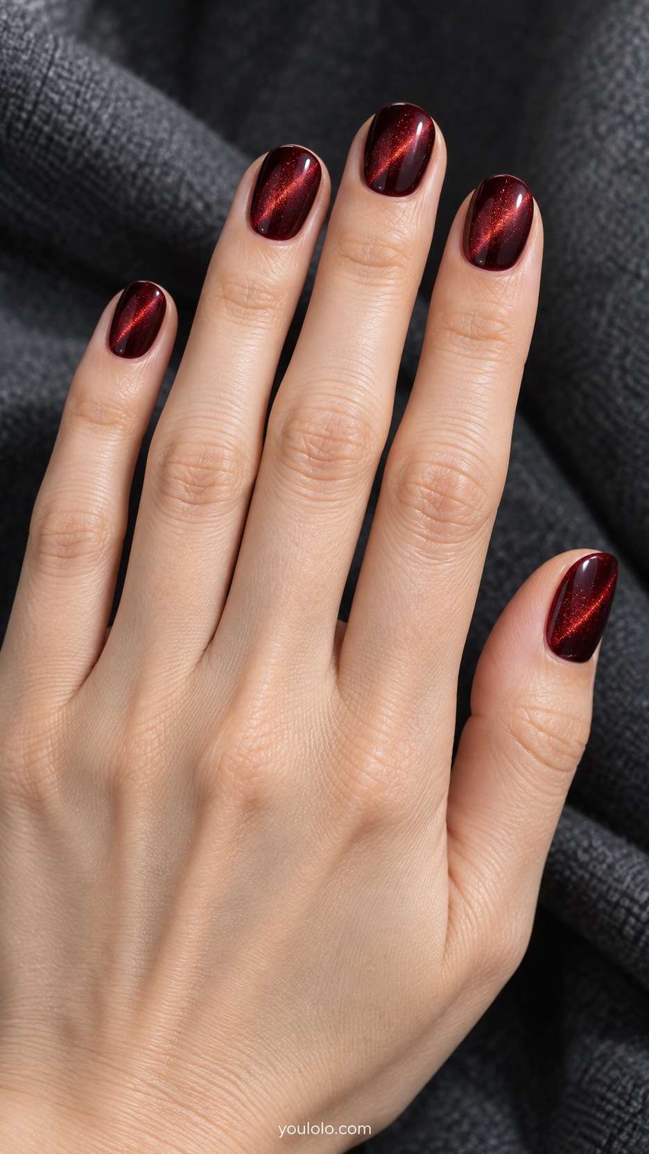 Short Red Cat Eye Nails: short oval black cherry magnetic nails deep burgundy edges and red glow