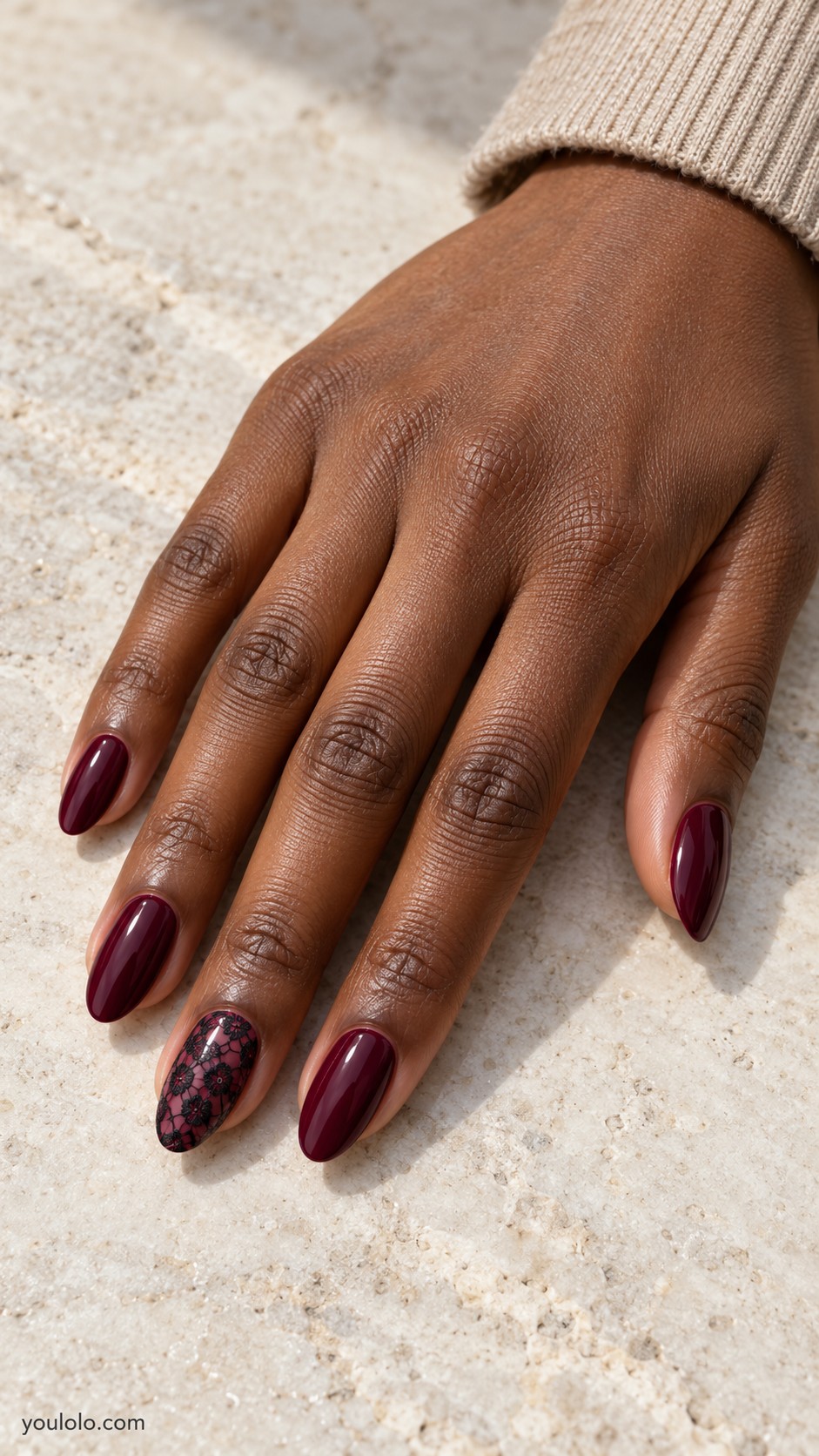 maroon nail art — Maroon with Fine Black Lace