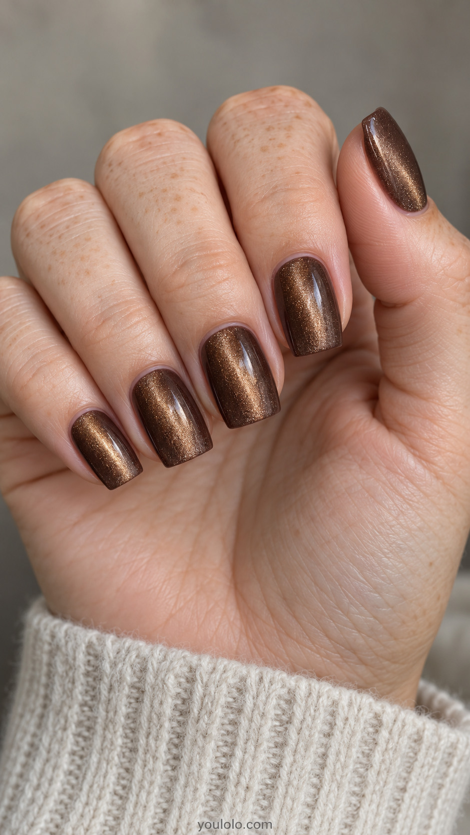 Medium square nails: chestnut brown magnetic polish with a narrow softly blurred vertical warm champagne shimmer band, no art.