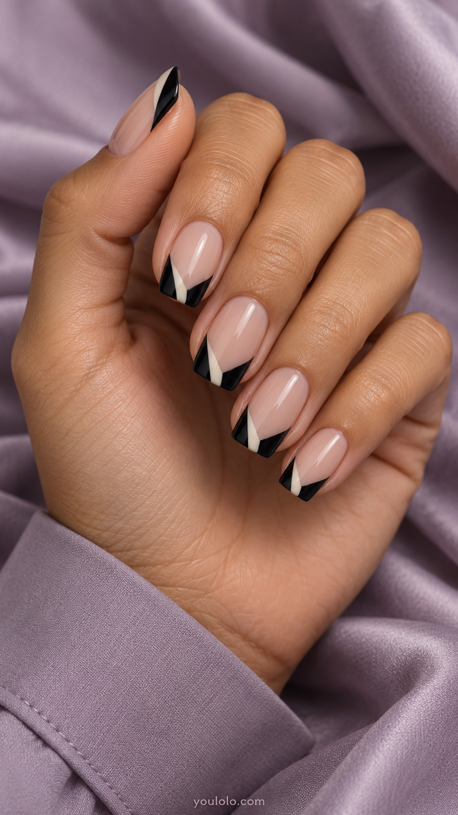 Tuxedo Lapel Tips on soft square nails with a nude base