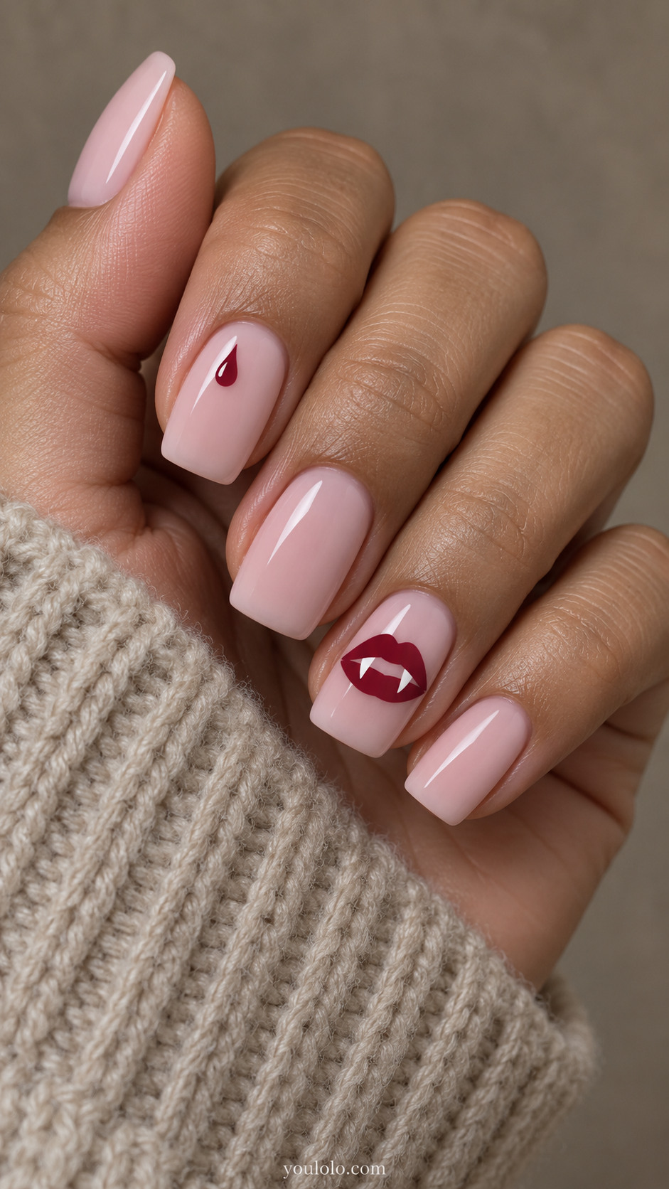 Ballet pink square nails with raspberry vampire lips and a tiny droplet