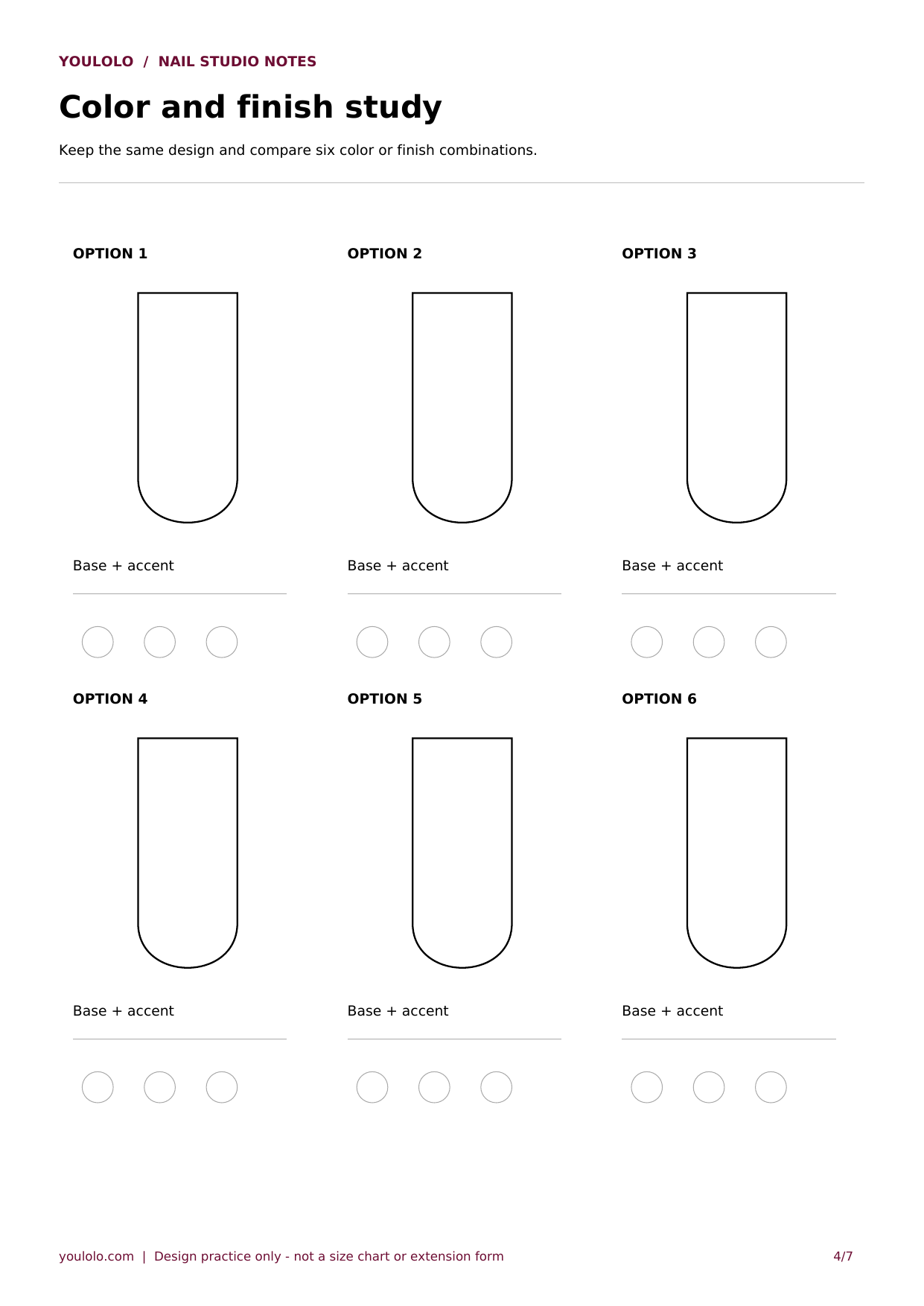 Printable long square nail template: color and finish study with blank outlines and planning fields