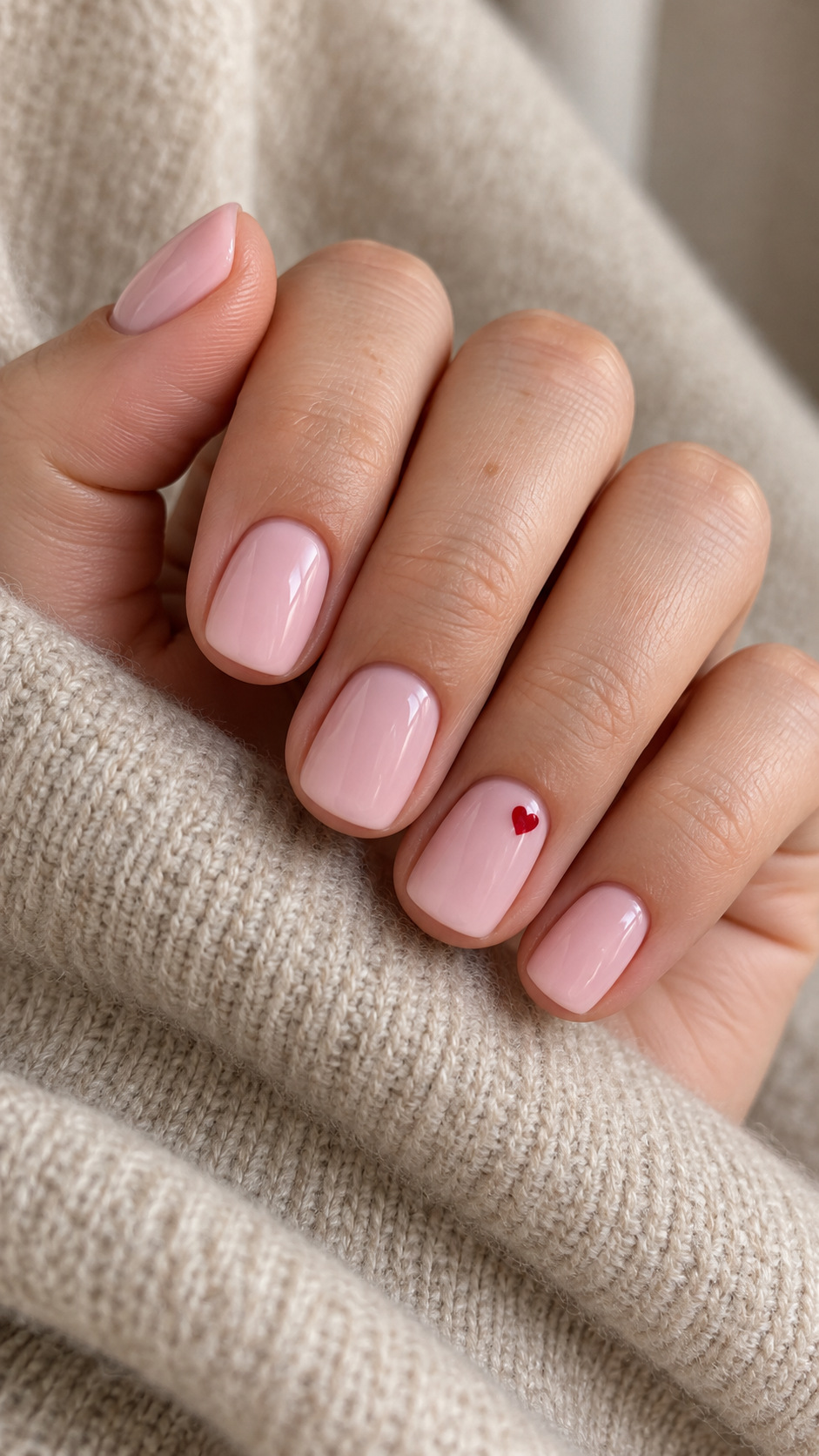 Baby Pink with a Red Heart: Short baby pink nails with one small red heart on the ring finger on a naturally posed adult hand
