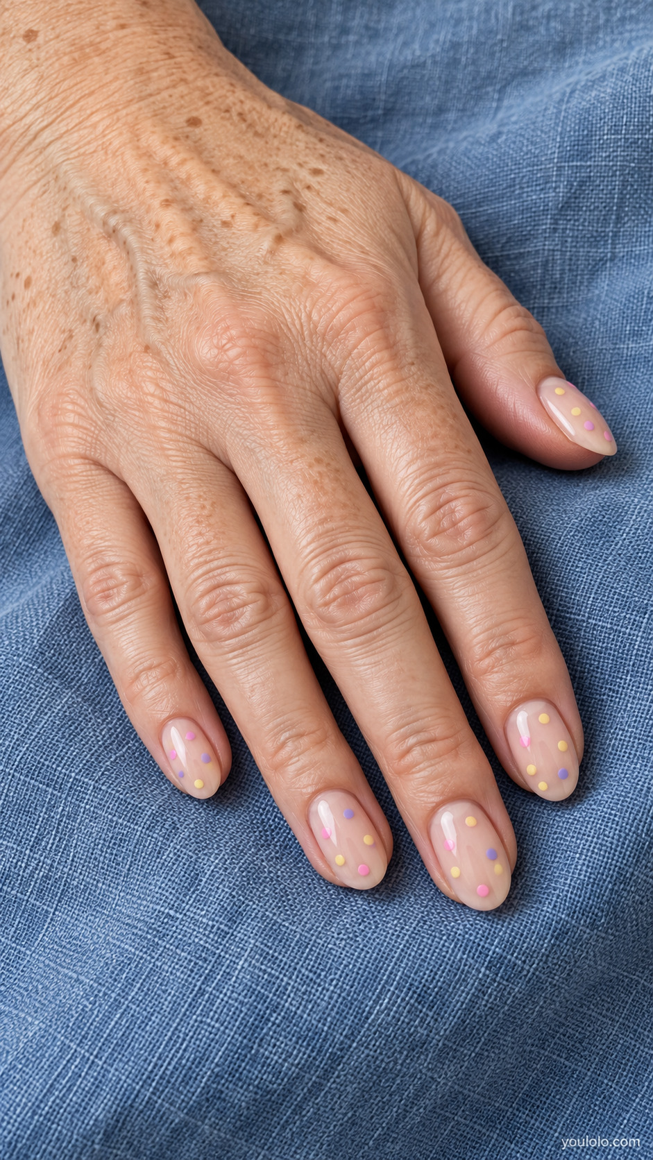 Nude oval nails with sparse pink yellow and lilac confetti dots