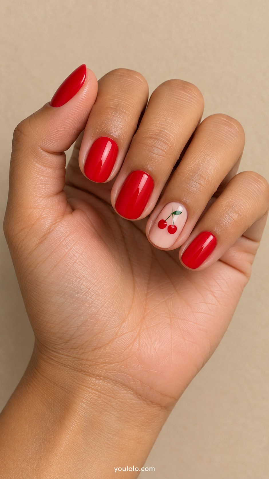 Cherry Red Nails — Tiny Cherries on a Blush Accent