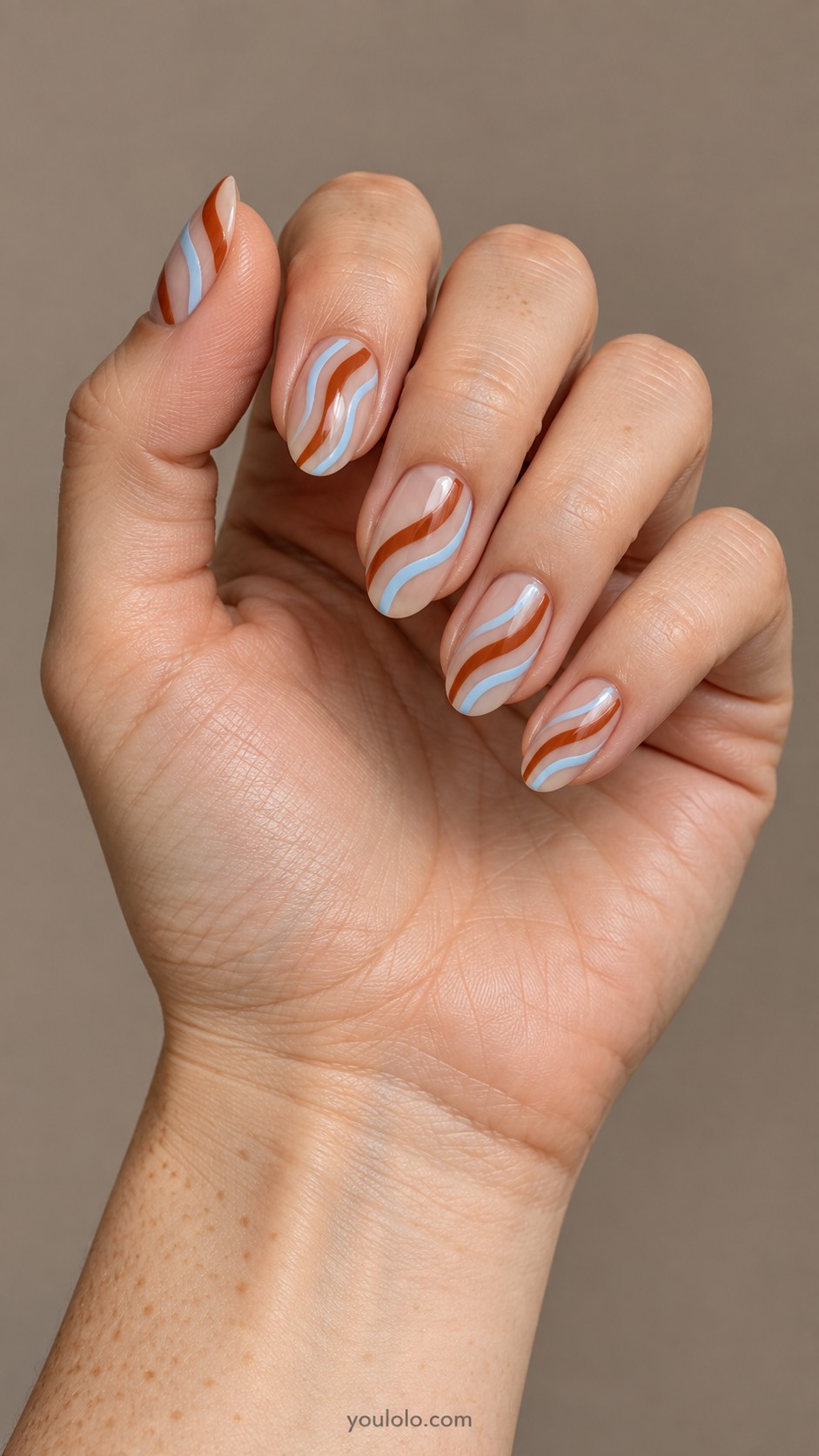 October Nails — Rust and Pale Blue Waves