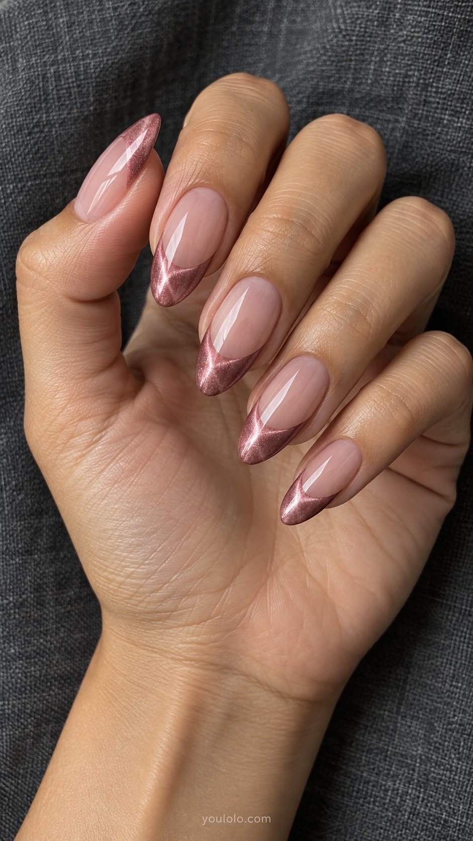 Pink Glass French Tips cat eye nails — Medium almond sheer pink base with rose pink magnetic deep French tips, sharp smile curves.