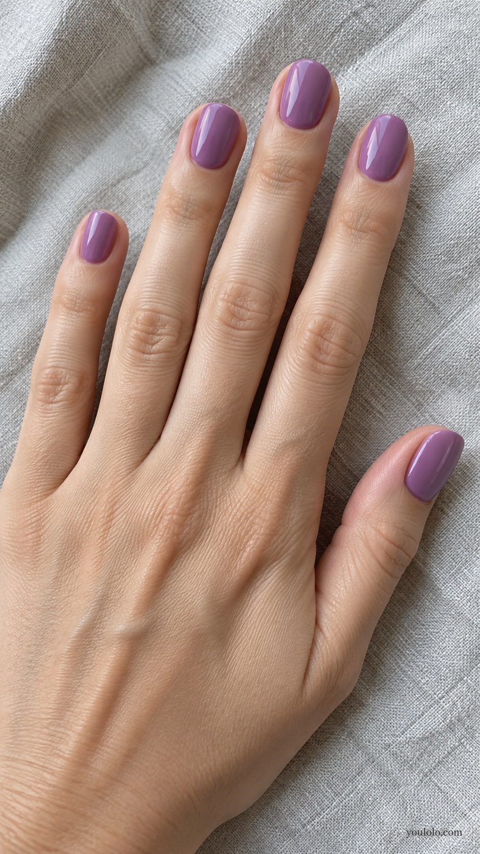 Short oval nails softened medium orchid purple milky opaque gloss