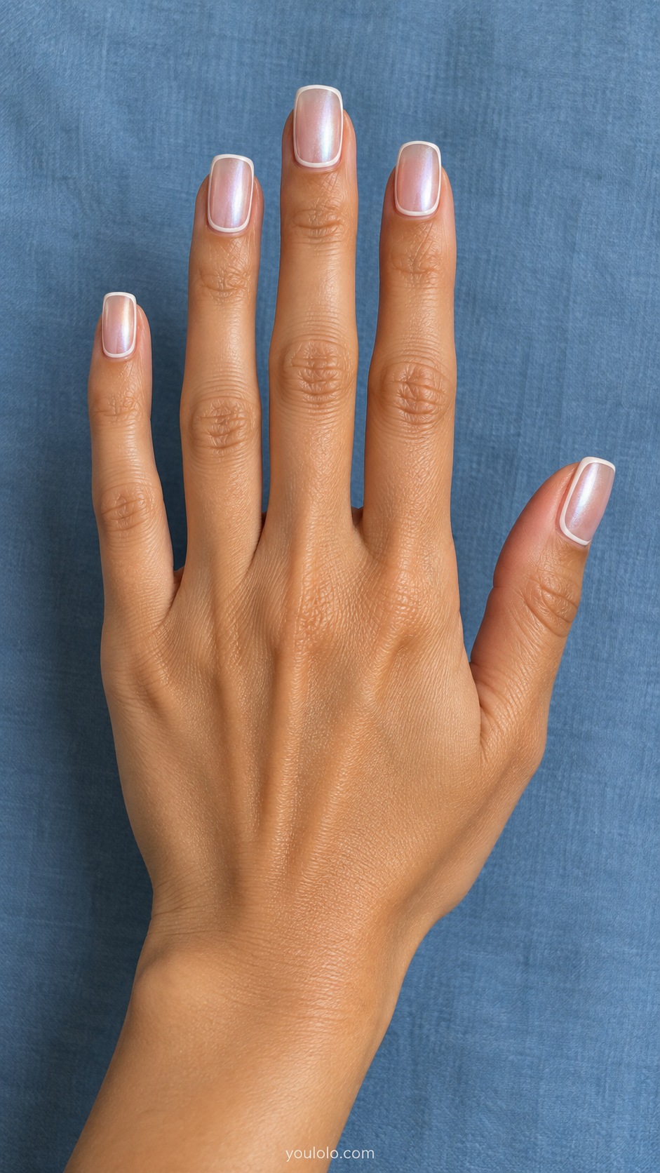 Medium square sheer pink pearl nails very thin opaque ivory rectangular perimeter outlines softly rounded corners