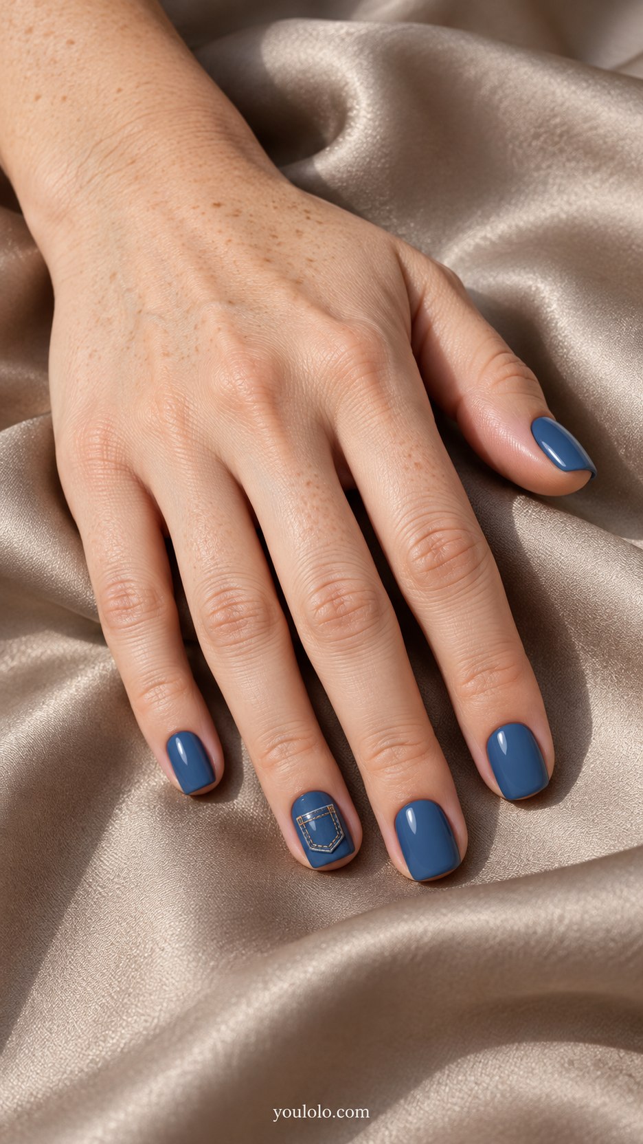 Tiny Pocket Accent: short squoval medium blue nails, single small outlined jeans pocket on ring nail with caramel stitched edges
