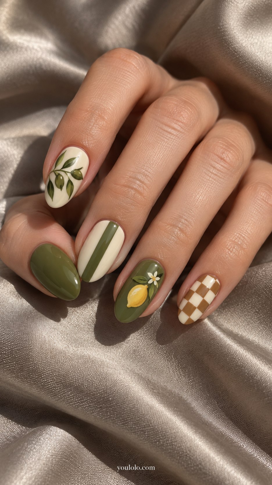 Olive Market Mix: medium oval nails, olive cream tan: olive sprig, cream stripe, plain olive, tiny lemon, tan checker
