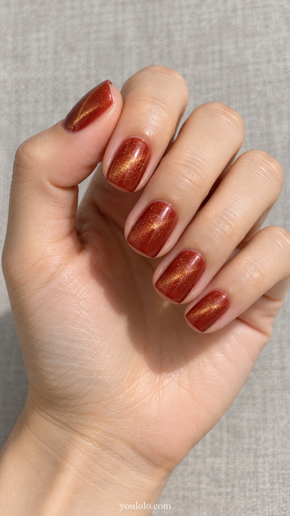 Short Red Cat Eye Nails: short square warm tomato red magnetic velvet soft gold reflection