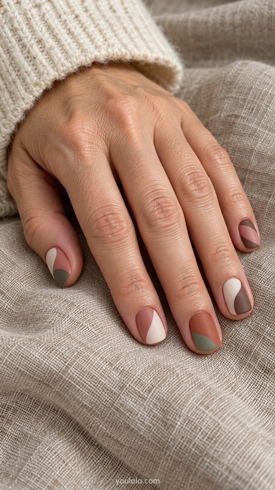 Short Artsy Nails: Muted Color Fields manicure on a naturally posed hand