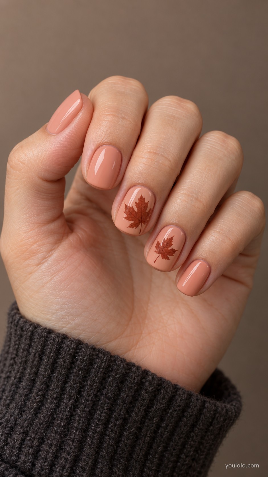 autumn nails — Dusty Peach with Rust Maple Leaves