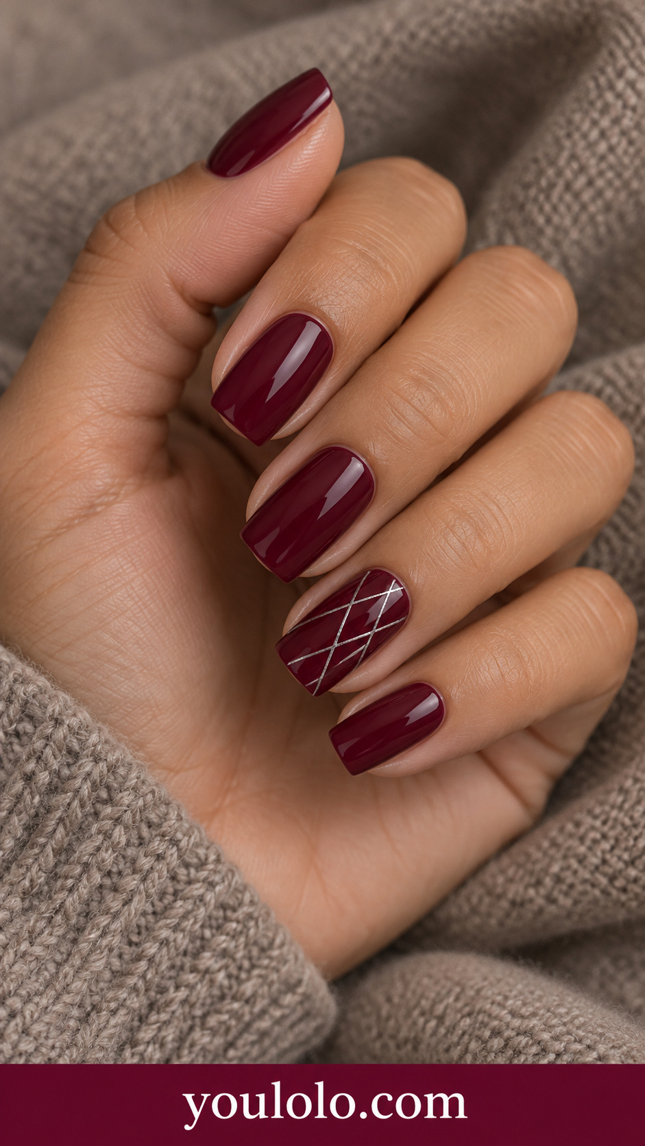 Wine Silver Fine Mesh: medium square deep wine nails one accent fine sparse silver diagonal mesh, other nails plain glossy on a naturally posed adult hand