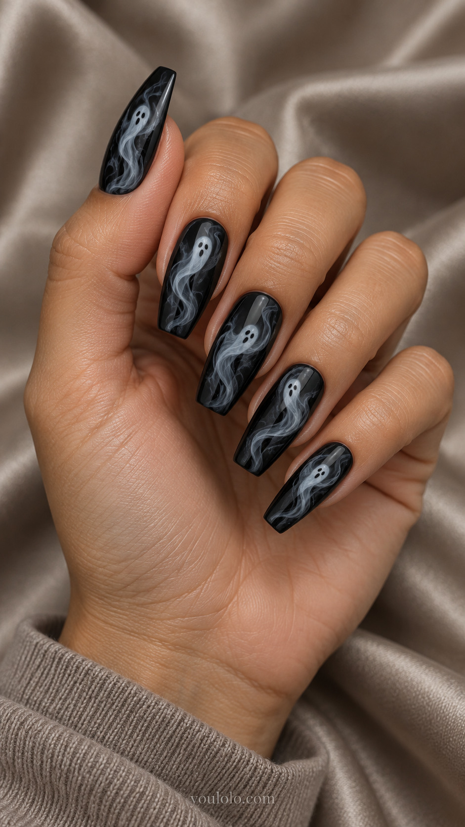 Medium coffin charcoal-black nails with wispy translucent gray smoke curling vertically, one tiny white ghost face subtly hidden in each swirl